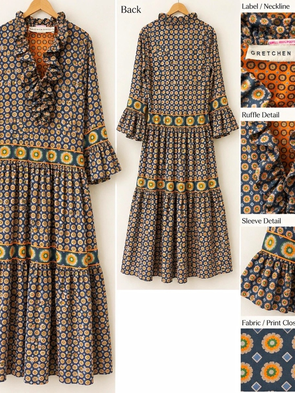 Gretchen Scott Designs Navy and Yellow Floral Ruffle Tiered Maxi Dress